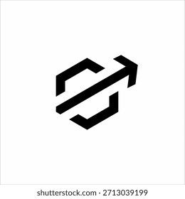 Letter E logo design with arrow in hexagonal concept.