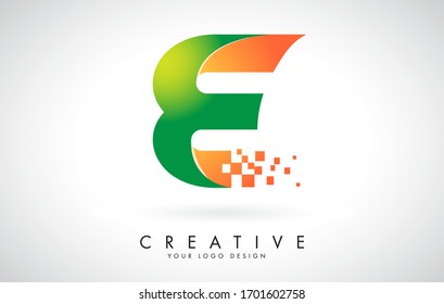 Diseño con logotipo Carta E en colores brillantes con bloques pequeños destrozados en fondo blanco. Diseño de ilustración vectorial. Pixel parte del logo de la letra E. 
