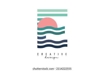 Letter E Logo Design mit bunten Straight- und Zickzacklinien. Vektorgrafik mit Meer- und Sonnenuntergangsfarben und Halbkreis.