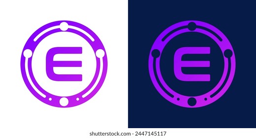 letter E logo design with dotted gradient digital circles, for digital, technology, data