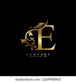 letter E logo design with flowers, leaves and golden feathers in a beautiful and elegant style. monogram E. typography E. initial E logo. suitable for, business, wedding, boutique, company, hotel, etc