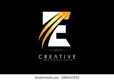 Letter E Logo Design in golden white colors with negative space Swooshes and creative font cut Vector Illustration.