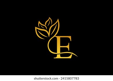 letter E logo design with luxurious gold and elegant floral ornaments. monogram E. icon E flourish. logo for business, company, boutique, salon, beauty, restaurant, brand, etc