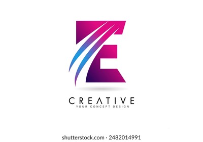 Letter E Logo Design in purple blue colors with negative space Swooshes and creative font cut Vector Illustration.