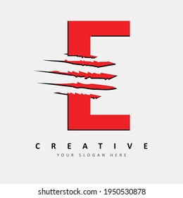 Letter E Logo Design With Red Claw Scratch Vector Illustration