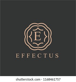 letter E logo design template. Alphabet label sign. Linear lettering calligraphy emblem with ornamental frame. Luxury linear creative monogram. vector illustration