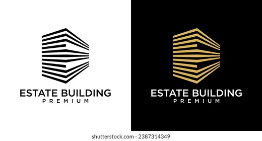 Letter E logo design template. Golden real estate building with letter E. Golden E logo isolated on black background. Logo design of investment, company, business, E, Financial.