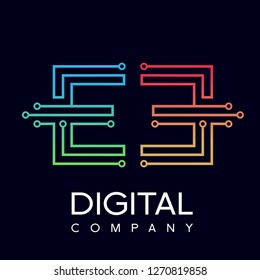 Letter E logo design template,Technology abstract dot connection cross vector logo icon circle logotype. Graphic is suitable for technology, digital, sharp, dot, electric. Gradient blue and green.
