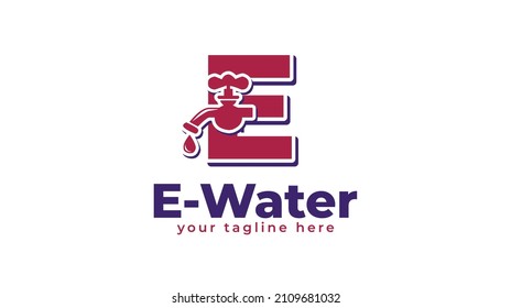 Letter E logo design and water faucet. vector