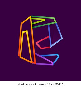 Letter E logo formed by colorful neon lines. Multicolored vector design for presentation, web page, app icon, card, labels or posters.