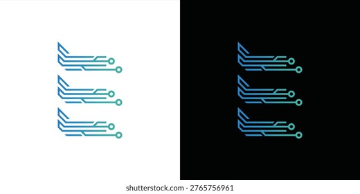 The letter 'E' logo is formed from digital circuit lines on a white or black background. It represents electronics, engineering, energy, efficiency, and the digital age.