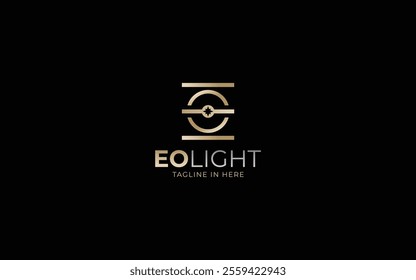 Letter E logo formed light symbol in gold color