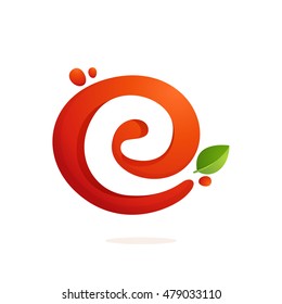 Letter E logo in fresh juice splash with green leaves. Vector elements for natural application, ecology presentation, business card or cafe posters.