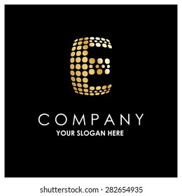 Letter E logo , golden Bold sphare logo on white background . Place for Company name and tag line . Business logo - vector illustration