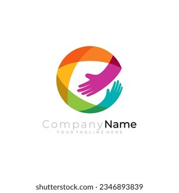 Letter E logo with hand acre design combination, colorful style