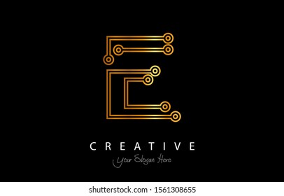 Letter E Logo Icon Design With Circuit Shape. luxury logo design with gold color for your brand.