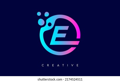 Letter E Logo Icon Design with Dots and Bubbles inside a Circular Shape in Purple Neon Colors Vector Illustration.