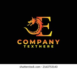 letter E logo icon with dragon design vector-fire color black background