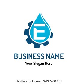 Letter E Logo Idea for Water Repair, Water Maintenance. Simple Modern Plumbing Service Logo with Water Drop and Gear