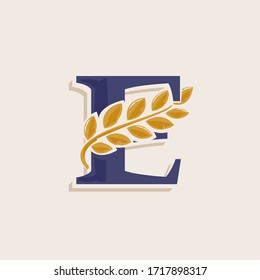Logo de la letra E con corona de laurel. Fuente del servidor clásico con sombra de línea. Icono vectorial perfecto para etiquetas boutique, afiches deportivos, identidad de lujo, etc.
