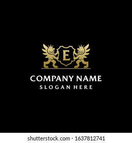 Letter E logo luxurious with golden lion king and black background. Vector illustration badge.