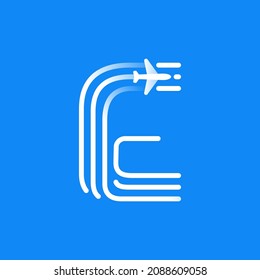 Letter E logo is made of three parallel lines with a plane icon. Vector emblem for a travel app, jet company identity, and shipping advertising.