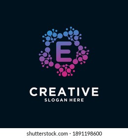 LETTER E logo monogram with dot concept. Universal colorful biotechnology molecule atom DNA chip. research, science, medical, logotype vector