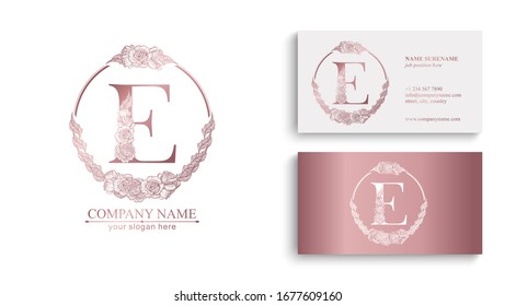 Letter E logo or monogram. For your business. Vector sign. Floral style, beautiful roses. Personal logo.