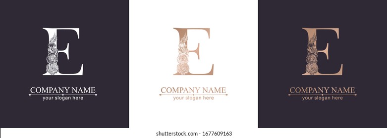 Letter E logo or monogram. For your business. Vector sign. Floral style, beautiful roses. Personal logo.