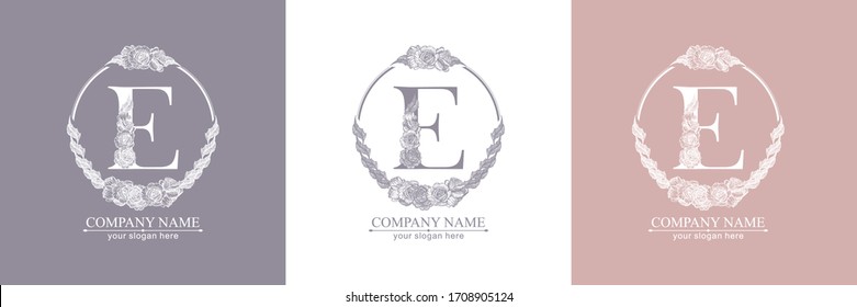 Letter E logo or monogram. For your business. Vector sign. Floral style, beautiful roses. Personal logo.
