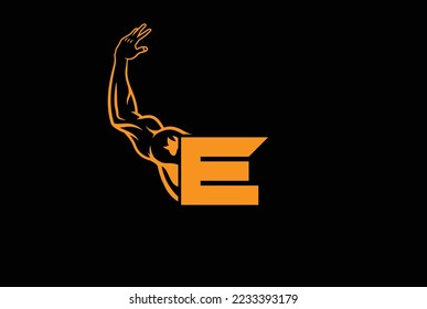 Letter E Logo With muscular open  Back Double Biceps shape. Fitness Gym logo.