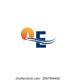 Letter E logo with ocean landscape icon template vector