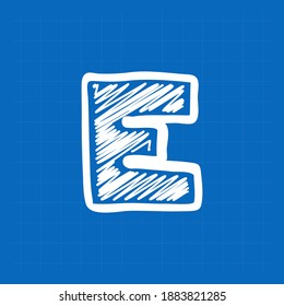 Letter E logo on blueprint paper background. Perfect font for sketch design, infographic print, technology card and doodle concepts, etc.