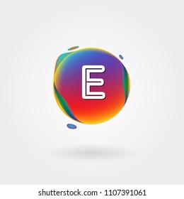 Letter E Logo on the colorful background. A Letter Alphabet Design with colorful splat and liquid background.