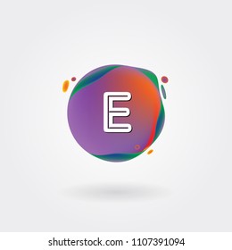 Letter E Logo on the colorful background. A Letter Alphabet Design with colorful splat and liquid background.