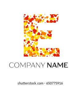 Letter E logo with orange, yellow, red particles and bubbles dots on white background. Vector template for your design