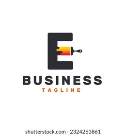 Letter E Logo with Paint Brush - Alphabet E with Paint Brush Logo Design