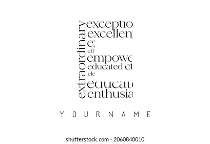 Letter E Logo with positive adjectives, words on white background. Creative Vector Illustration with paper pattern.