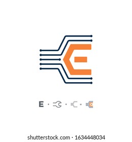Letter e logo repair icon design unique sign on white background