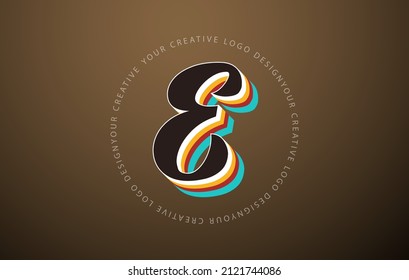Letter E logo with retro pop art design. Handwritten letter with vintage typeface and rounded text frame. Retro Typeface. Vector Font Illustration.