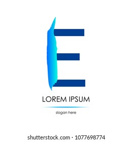 Letter E logo. Smear of a brush. Blue on the white background