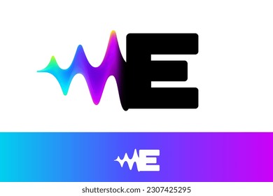 Letter E logo with sound wave flow. Vibrant line glitch effect. Multicolor neon gradient icon. Vector font for audio label, multimedia company advertising, DJ posters, game screens, music identity.