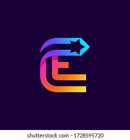 Letter E logo with star inside. Vector parallel lines icon. Perfect font for multicolor labels, space print, nightlife posters etc.