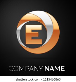 Letter E logo symbol in the golden-silver colorful circle on black background. Vector template for your design
