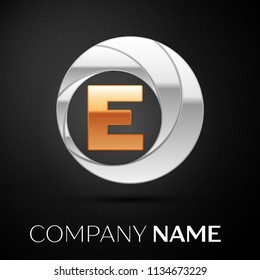 Letter E logo symbol in the golden-silver colorful circle on black background. Vector template for your design