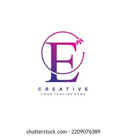 letter E logo template with blue and purple gradient colors with floral ornaments and circular lines. elegant and luxurious letter E logo design. beautiful letter E logo vector. icon E