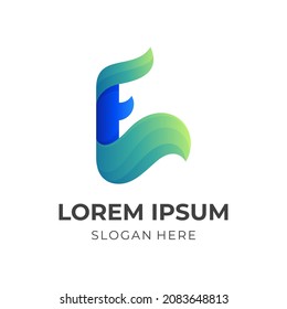 letter E logo vector with 3d green and blue color style