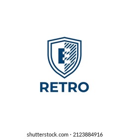 Letter E logo with vintage shield design concept, shield with retro style design template.