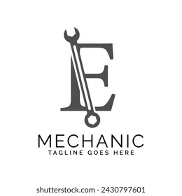 logotipo E con llave. Diseño del logotipo de Alphabet E Spanner