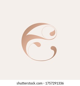 Letter e logo.Decorative shape typographic icon.Rose gold sign.Abstract, ornate lettering symbol.Elegant, luxury style lowercase character.Alphabet initial isolated on light background.